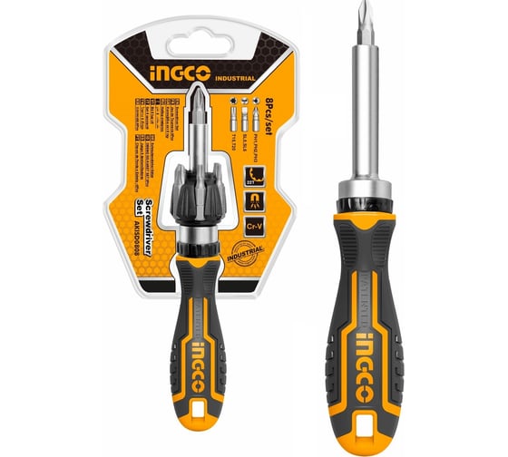 Трещоточная отвёртка с битами INGCO 8 шт INDUSTRIAL AKISD0808