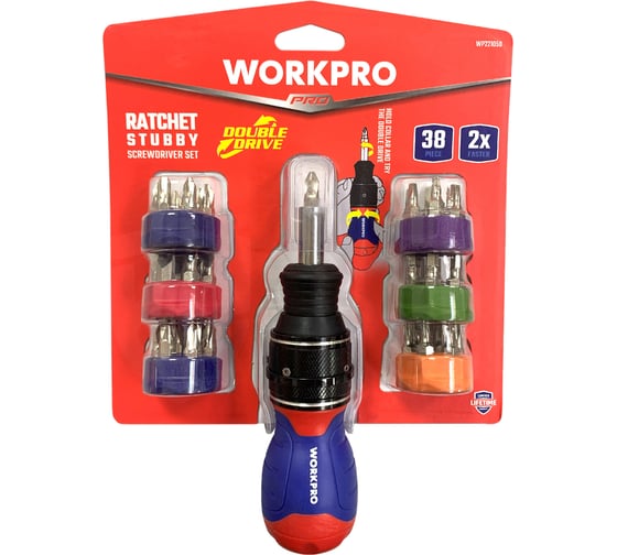 Отвертка WORKPRO 2X DRIVE 38-в-1 короткая с трещоткой WP221050