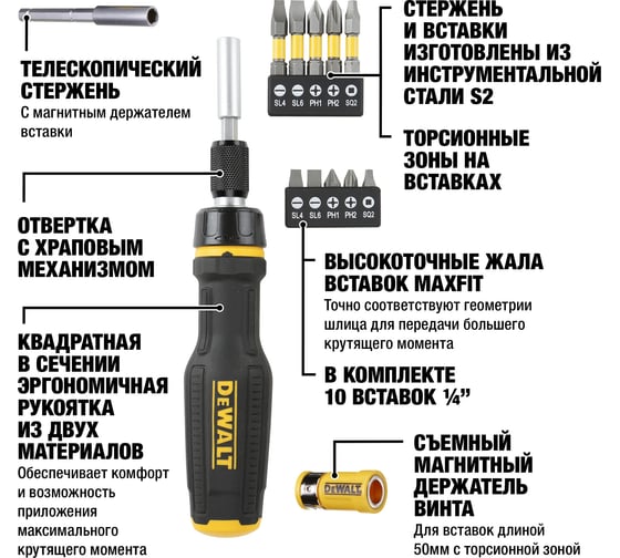 Отвертка со сменными вставками DEWALT 10 шт DWHT0-66567