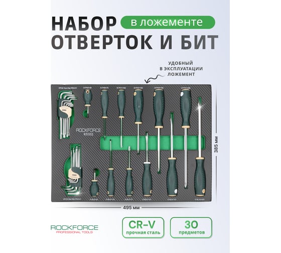 Набор отверток с магнитным наконечником и ключей Rockforce Г-образных 30 предметов, в ложементе RF-K5302(59947)