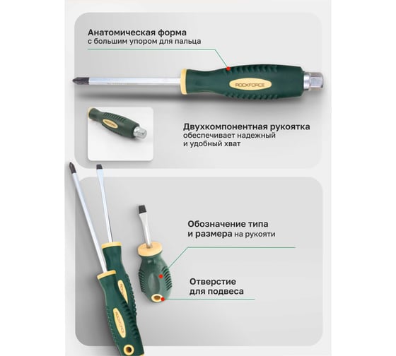 Набор отверток магнитных Rockforce 6 предметов (SL:5.5х40,6.5х100мм; PH:1х40,2х150мм; силовые: SL6.5х150, РН2х100мм)в блистере RF-7006B(60405)