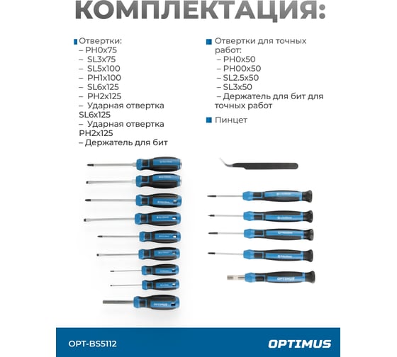 Набор отверток, бит и торцевых головок OPTIMUS 112 предм. OPT-BS5112