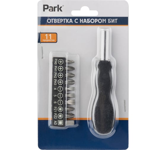 Отвертка с набором бит PARK 11 предметов, пластиковые рукоятки 109102