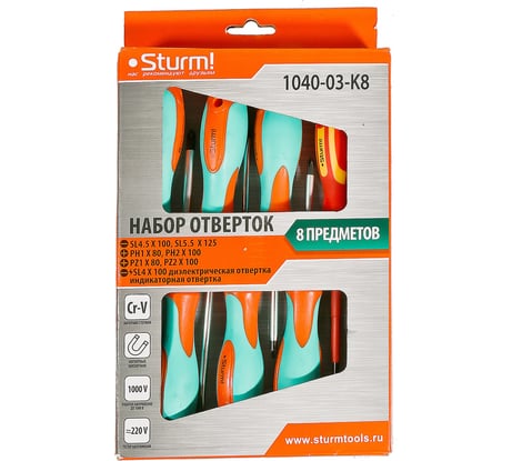 Набор отверток 8 шт Sturm 1040-03-K8 1 ДИЭЛЕКТР, 1 ТЕСТЕР, Cr-V, карт. короб