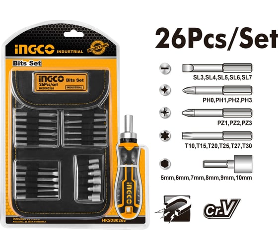Отвертка с битами INGCO INDUSTRIAL трещоточная, 26шт HKSDB0268