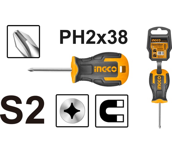 Крестовая отвертка INGCO PH2x38 мм S2 HS68PH2038