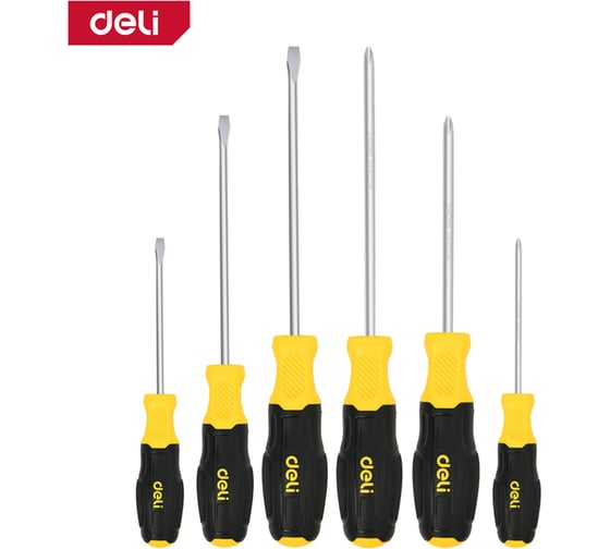 Набор отверток DELI 6 шт DL630006N (SL5/PH1x75 + SL5/PH1x100 + SL6/PH2x150, сталь Cr-V, двухкомпонентная прорезиненная рукоять) 183596