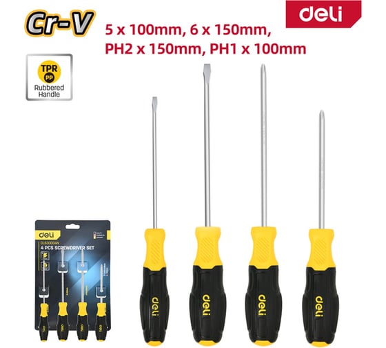Набор отверток DELI 4 шт DL630004N (SL5/PH1x100 + SL6/PH2x150, сталь Cr-V, двухкомпонентная прорезиненная рукоять) 183594