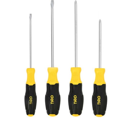 Набор отверток DELI 4 шт DL630004N (SL5/PH1x100 + SL6/PH2x150, сталь Cr-V, двухкомпонентная прорезиненная рукоять) 183594
