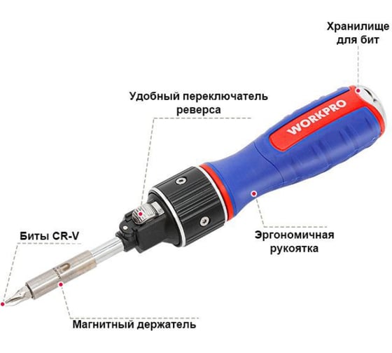 Отвертка с трещоткой WORKPRO 2X DRIVE (6 насадок) WP221069