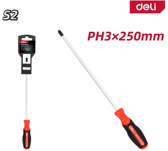 Крестовая отвертка Deli PH3x250мм DL3465 сталь S2, магнит, прорезиненная рукоятка 180152