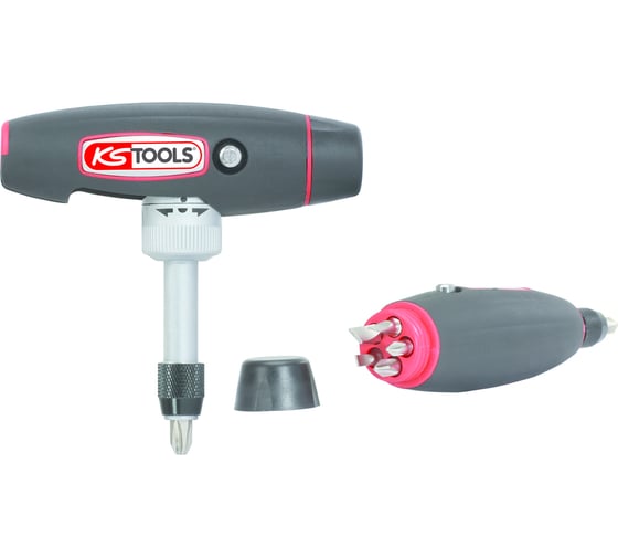 Отвертка для бит KS Tools с ручкой-трансформером, 1/4", в комплекте с 5 битами 911.2475