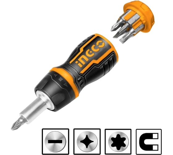 Отверткa трещоточная короткая с битами INGCO 8 в 1 AKISDS1728