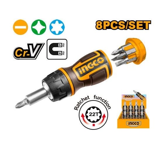 Отверткa трещоточная короткая с битами INGCO 8 в 1 AKISDS1728