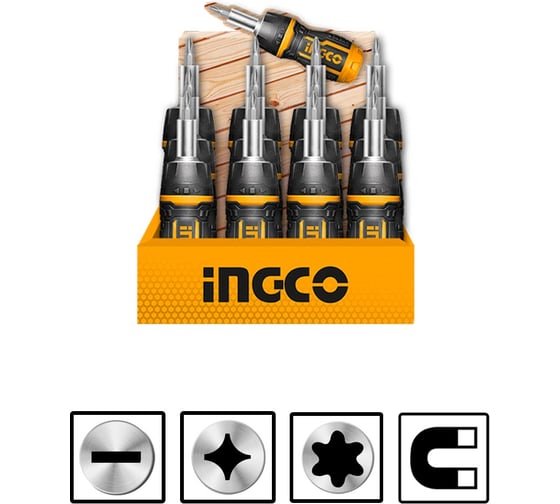 Отверткa трещоточная короткая с битами INGCO 8 в 1 AKISDS1728