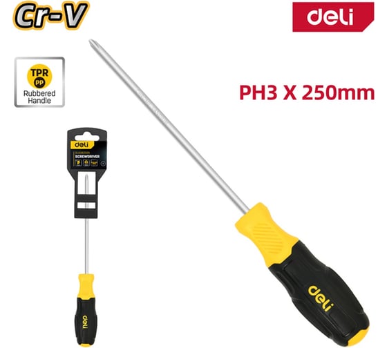 Крестовая отвертка DELI PH3x250мм, DL638250N, сталь Cr-V, двухкомпонентная прорезиненная рукоять 183580