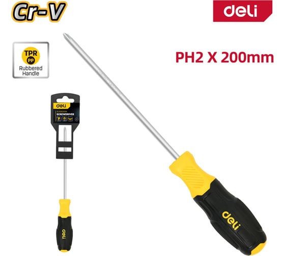 Крестовая отвертка DELI PH2x200мм, DL636200N, сталь Cr-V, двухкомпонентная прорезиненная рукоять 183577