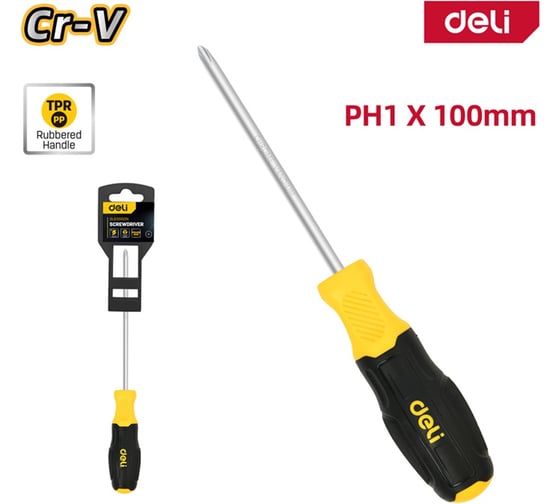 Крестовая отвертка DELI PH1x100мм, DL635100N, сталь Cr-V, двухкомпонентная прорезиненная рукоять 183567