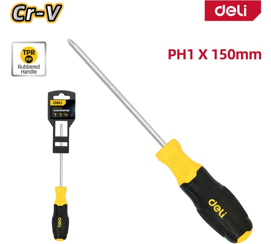 Крестовая отвертка DELI PH1x150мм, DL635150N, сталь Cr-V, двухкомпонентная прорезиненная рукоять 183570
