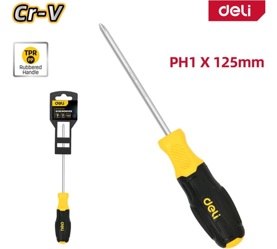 Крестовая отвертка DELI PH1x125мм, DL635125N, сталь Cr-V, двухкомпонентная прорезиненная рукоять 183569