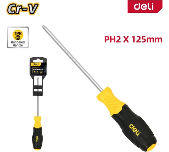 Крестовая отвертка DELI PH2x125мм, DL636125N, сталь Cr-V, двухкомпонентная прорезиненная рукоять 183573