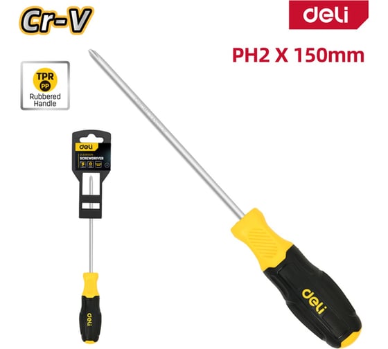 Крестовая отвертка DELI PH2x150мм, DL636150N, сталь Cr-V, двухкомпонентная прорезиненная рукоять 183576