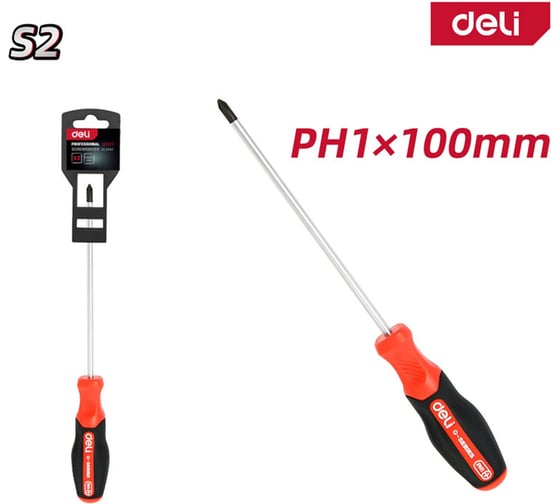 Крестовая отвертка DELI PH1x100мм, DL3457, сталь S2, магнит, прорезиненная рукоятка 180139