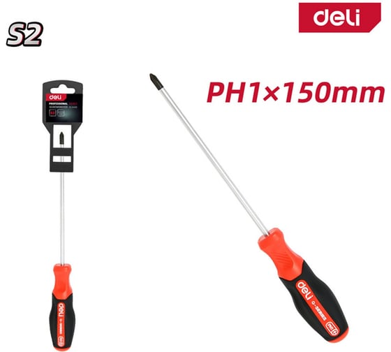Крестовая отвертка DELI PH1x150мм, DL3458, сталь S2, магнит, прорезиненная рукоятка 180142