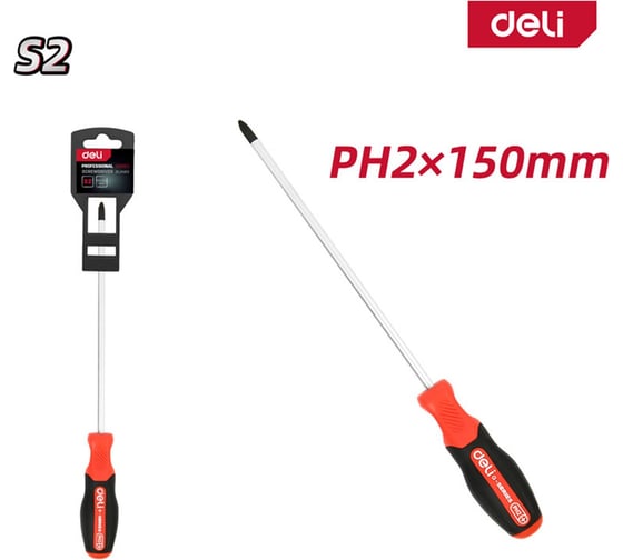 Крестовая отвертка DELI PH2x150мм, DL3462, сталь S2, магнит, прорезиненная рукоятка 180148