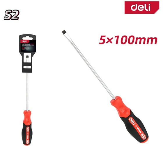 Шлицевая отвертка Deli SL5x100мм DL3444, сталь S2, магнит, прорезиненная рукоятка 180166