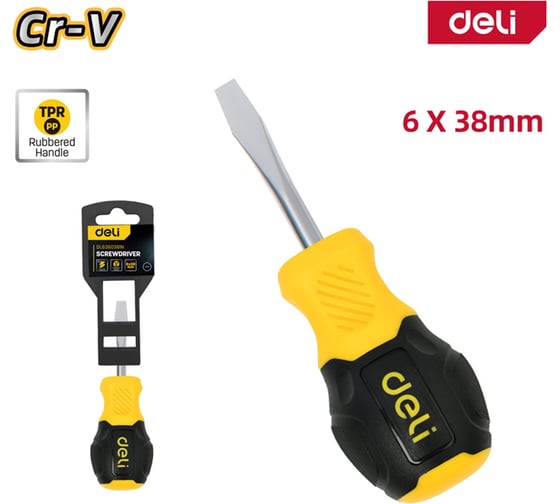 Шлицевая отвертка Deli DL6360381N, SL6x38мм, сталь Cr-V, двухкомпонентная прорезиненная рукоять 183551 1