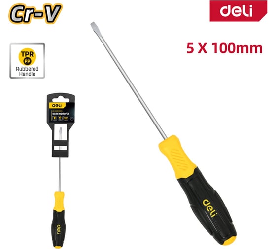 Шлицевая отвертка Deli DL6351001N, SL5x100мм, сталь Cr-V, двухкомпонентная прорезиненная рукоять 183544