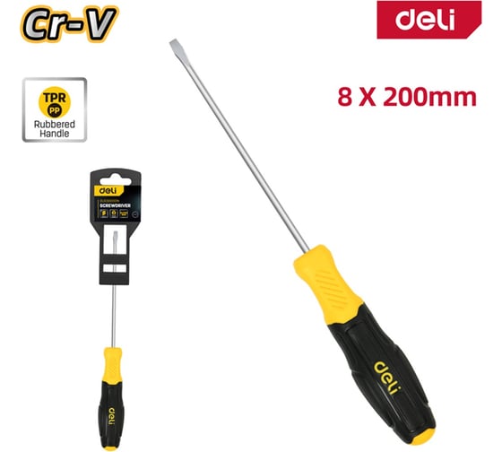 Шлицевая отвертка Deli DL6382001N, SL8x200мм, сталь Cr-V, двухкомпонентная прорезиненная рукоять 183559