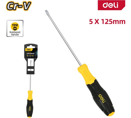 Шлицевая отвертка Deli DL6351251N, SL5x125мм, сталь Cr-V, двухкомпонентная прорезиненная рукоять 183549