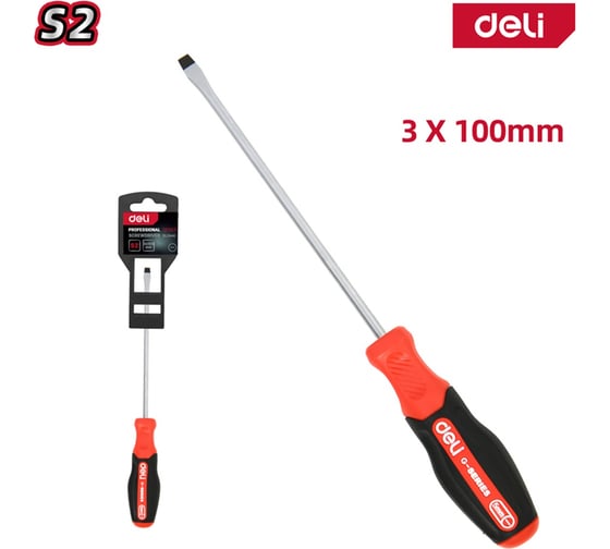 Шлицевая отвертка Deli DL3441, SL3x100мм, сталь S2, магнит, прорезиненная рукоятка 180157