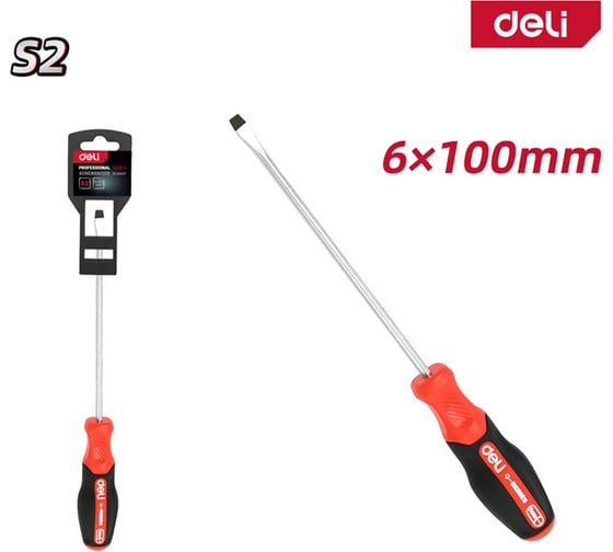 Шлицевая отвертка Deli DL3447, SL6x100мм, сталь S2, магнит, прорезиненная рукоятка 180171