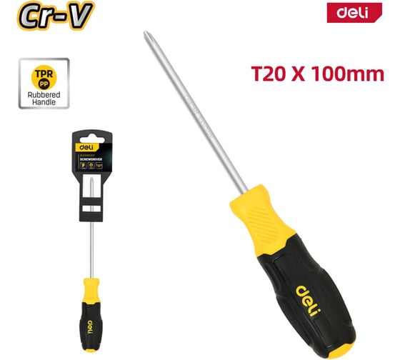 Отвертка Deli Torx T20x100мм DL6310020T, сталь Cr-V, двухкомпонентная прорезиненная рукоять 183587