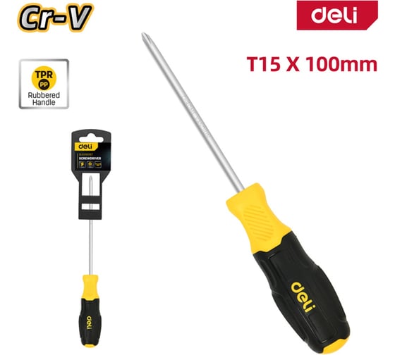 Отвертка Deli Torx T15x100мм DL6310015T, сталь Cr-V, двухкомпонентная прорезиненная рукоять 183586