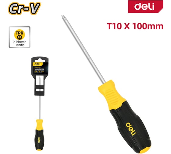 Отвертка Deli Torx T10x100мм DL6310010T, сталь Cr-V, двухкомпонентная прорезиненная рукоять 183585
