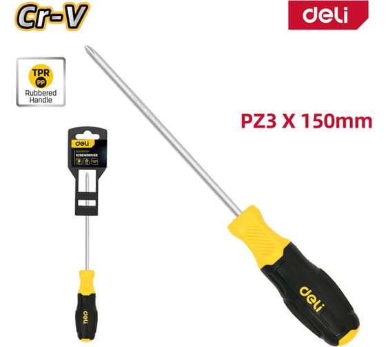 Отвертка Deli Pozidriv PZ3x150мм DL631003P, сталь Cr-V, двухкомпонентная прорезиненная рукоять 183592