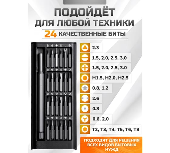 Набор прецизионных бит Альфадиск с металлической отверткой в кейсе для точных работ, 24 биты в комплекте 542845