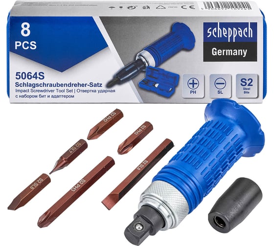 Отвертка ударная с набором бит и адаптером Scheppach 8 предметов Sch-5064S(62232)