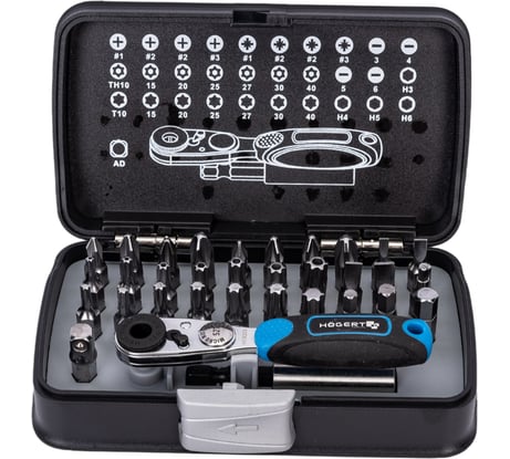 Набор бит с трещоткой HOEGERT TECHNIK 1/4 , SL, PH, PZ, HEX, Torx, Torx c отверстием 33 шт. HT1R460