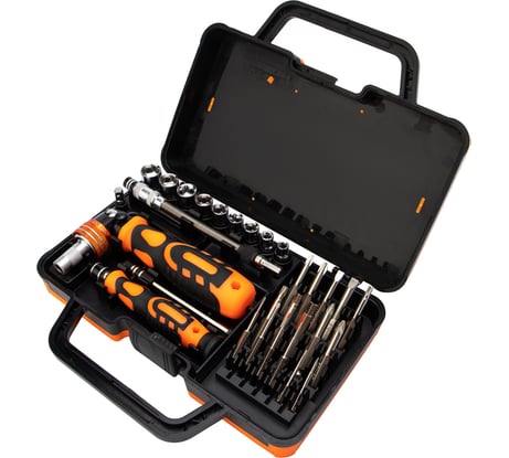 Отвертка с набором бит и торцевых головок KRANZ реверсивная, рычажная, 31 предмет KR-12-4778