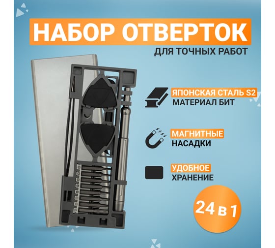 Отвертка с битами для точных работ KRANZ RA-04, сталь S2, 24 предмета KR-12-4754