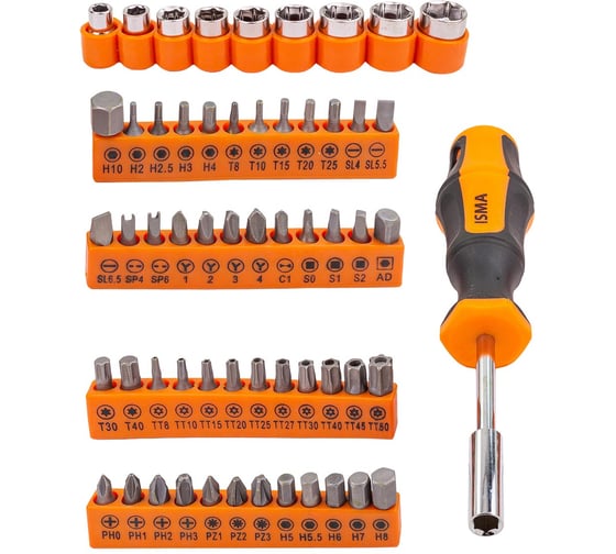 Отвертка-битодержатель с комплектом бит и головок ISMA 1/4 58 предметов ISMA-515058(45700) 1