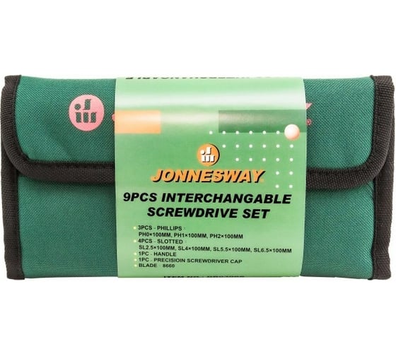 Отвертка Jonnesway DB0309S со сменными стрежнями в наборе, 9 предметов 46363