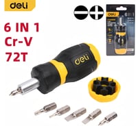 Отвертка с трещоткой с набором бит 6-в-1 DELI DL636182N Cr-V сталь, биты SL5,SL6,PH0,PH1,T10,T20, трещотка 72 зуба 225426