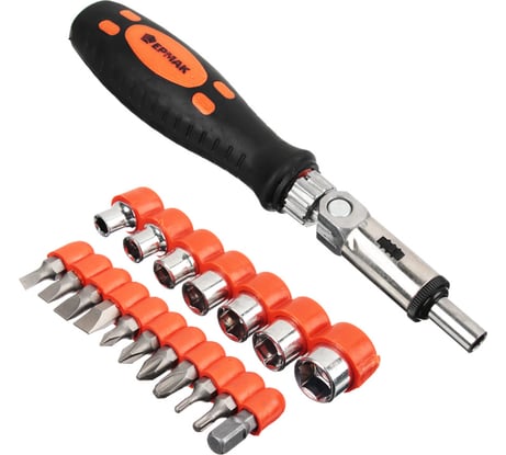 Отвертка реверсивная с набором бит и головок ЕРМАК RRS004 19пр 651-143