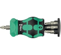 Короткая отвёртка-битодержатель с трещоткой, с битами WERA Kraftform Kompakt Stubby Magazin RA 4 6 пр., 1/4 C 6.3: PH 1/2, SL 5.5/6.5, Robertson R1/2 NEW WE-008893